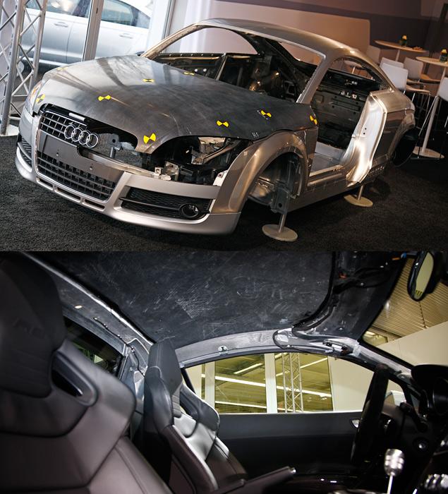 На фото вверху -- конструкция облегченного купе Audi TTS, массу которого за счет применения углепластика и алюминия удалось снизить почти на 100 килограммов. Внизу -- экспериментальное купе Audi R8 с карбоновой крышей и полом.