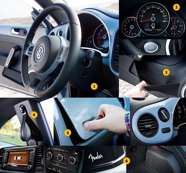 1. Руль почти такой же, как на других моделях VW, но отличается центральной ступицей.

2. Приборы - от VW up! Но в стилистику "Жука" они вписались идеально.

3. Вместо дверных карманов - ниши с резинкой.

4. Ручка-петля на центральной стойке - как у классического VW Beetle.

5. Beetle Box удобно открывать только водителю, пассажиру же приходится неестественно выгибать кисть.

6. Аудиосистема Fender - это восемь динамиков, сабвуфер в багажнике и десятиканальный усилитель мощностью 400 Ватт с выходными каскадами класса А/В, который не часто встретишь на массовых моделях.