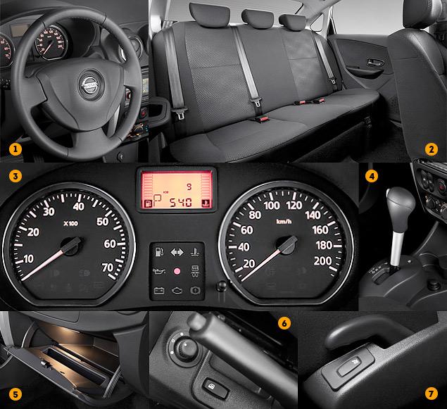 1. Рулевое колесо отличается от "логановского" только эмблемой Nissan.

2. На заднем сиденье -- королевский простор. Хочешь, закидывай ногу на ногу, хочешь, стой на голове. Жаль, подлокотника не предусмотрено.

3. Приборная панель Almera лаконична и проста, но читается отлично. А что еще нужно «бюджетному» автомобилю?

4. Селектор «автомата» -- привет из прошлого. Зато здесь есть «зимний» и ручной режимы.

5. Бумаги формата А4 влезают в перчаточный ящик только в сложенном состоянии. Никакой обивки не предусмотрено, только подсветка.

6. Так же, как и на Renault Logan, клавиши регулировки зеркал заднего вида расположены под рычагом стояночного тормоза.

7. Клавиша подогрева сиденья расположена в слепой зоне и не имеет регулировок интенсивности.