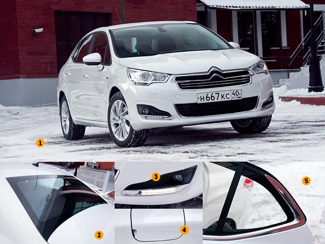 1. Дизайнеры Citroen старательно поработали над обликом C4 седана - ни одной лишней детали

2. "Вогнутое" заднее стекло - как на Citroen C5 или C6

3. Светодиодные ходовые огни разместились в нишах противотуманных фар

4. Лючок бензобака открывается снаружи, а его крышка не запирается на ключ

5. Эффектное "лезвие" хромированной окантовки окон - на соплатформенном Peugeot 408 такого не встретишь