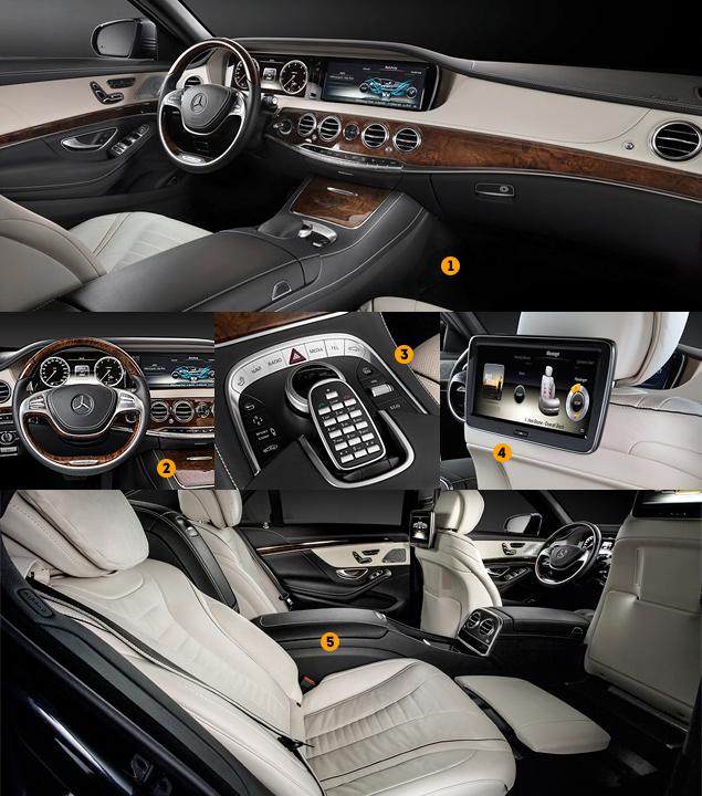 1. В салоне Mercedes-Benz S-Class нового поколения в общей сложности 156 кнопок и переключателей, но в глаза они как-то не бросаются.

2. Место обычной приборной панели занимает 12,3-дюймовый монитор. Точно такой же расположен по соседству справа и отвечает за управление мультимедийной системой.

3. Клавиши всех основных функций собраны вокруг "шайбы" управления развлекательным комплексом. Тут же -- кнопки набора номера для телефонных звонков с сенсорными участками.

4. На спинках передних кресел расположились индивидуальные мониторы для каждого обитателя заднего дивана. Контрастные и с высоким разрешением.

5. В версиях с удлиненной колесной базой спинки задних кресел могут отклоняться на угол до 43,5 градуса -- лучший показатель в сегменте.