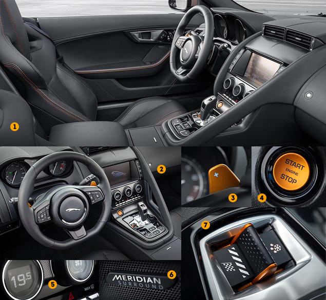 1. На F-Type используются активные дефлекторы системы климат-контроля: воздуховоды над центральной консолью появляются на время по команде электроники, а затем вновь прячутся - "чтобы не портить вид", как говорят дизайнеры "Ягуара".

2. Руль практически идеален и по сечению, и по размерам. Эргономика водительского кокпита вообще получилась образцовой.

3. Подрулевые лепестки есть у всех версий F-Type. Но только на V6 S и V8 S они выкрашены в оранжевый цвет.

4. Кнопка стоп-старт - тоже пластиковая.

5. Регуляторы температуры с интегрированными дисплеями отвечают еще и за подогрев сидений.

6. Аудиосистема Meridian доступна в двух вариантах: 10 или 12 динамиков и 350 или 700 ватт мощности соответственно.

7. "Главная кнопка" - селектор системы Drive Controller, позволяющей выбрать настройки мехатронного шасси. Красив, но усилие на нем "невкусное", да и сделан он не из металла, а из пластика.