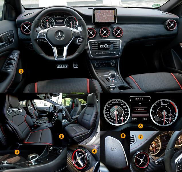 1. Внутри А 45 AMG довольно тесно, но теснота эта приятная, настраивающая на спортивный лад. Плотные объятия «ковша», подрезанный и сверху, и снизу руль с алькантаровыми вставками в местах хвата, отделка карбоном и алюминием, красные акценты на креслах и соплах вентиляции и, конечно же, размеченный до 320 километров в час спидометр говорят о том, что вы находитесь за рулем самого «горячего» хэтчбека на планете.

2. Слева - самый экстремальный вариант передних сидений для А 45 AMG. «Ковши» жесткие, с прорезями для спортивных ремней безопасности. Предусмотрен также комфортный вариант с менее плотной набивкой и без прорезей. Впрочем, оба типа сидений очень удобны.

3. Вместо привычного селектора трансмиссии у Mercedes-Benz A 45 AMG скромный покачивающийся джойстик с элегантной прорезью и кнопка смены режимов работы семиступенчатого «робота» SpeedShift (Comfort, Sport и Manual).

4. Поворотными дефлекторами системы вентиляции и пользоваться удобно, и выглядят они феерично.

5. Подрулевые лепестки -- металлические. Но пользоваться ими придется редко --  «робот» на A 45 AMG быстр и умен.

6. Приборная панель будет знакома любому, кто ездил на современных Mercedes-Benz. Непривычна лишь разметка спидометра до 320 километров в час.

7. На Mercedes-Benz A-klasse наконец-то появился левый подрулевой рычажок, управляющий работой стеклоочистителей.