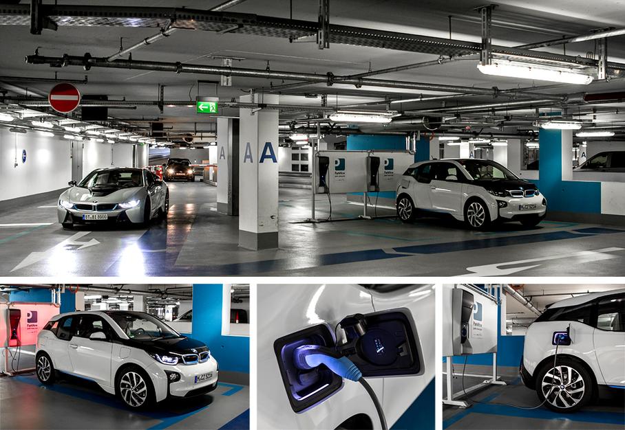 На парковку заползает еще один i-мобиль. От мощной зарядки в BMW Welt можно пополнить заряд батарей на 80 процентов всего за полчаса. 