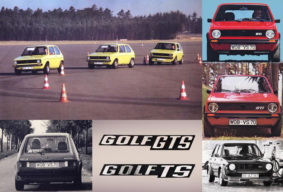 Архивные снимки истории появления VW Golf GTI. На картинке с тремя желтыми хэтчбеками — тесты трех разных вариантов настроек шасси с покрышками разной размерности. На ближней — 175/70 SR13, на средней — 185/70 SR13, а на дальней — самые широкие, 205/60 HR13. Слева внизу — один из тестовых прототипов на обычных дорогах. В центре — ранние варианты названий «горячего» VW Golf. Красные машины — это картинки из пресс-материалов к разным мероприятиям: руководство долго не могло выбрать финальный вариант эмблемы GTI. Справа внизу — испытательный образец пятидверного Golf GTI.