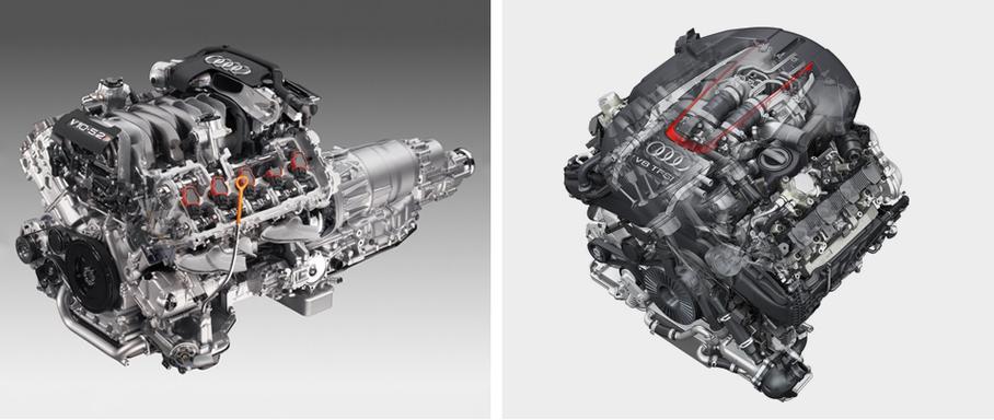 После дискаунта с V10 (слева) на V8 (справа) в будущем мы можем ожидать и S8 с V6 с парой турбин на электричестве. Кто знает.
