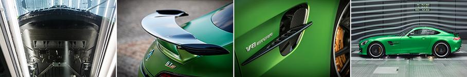 Аэродинамический арсенал AMG GT R гораздо внушительнее, чем у стандартной машины. Слева видны каналы в передней «губе», которые обдувают раскаленные агрегаты и обеспечивают дополнительный приток воздуха к диффузору. Широкое заднее антикрыло - регулируемое.