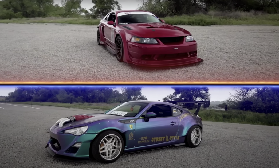 Ford SVT Mustang Cobra и Scion с мотором Ferrari сравнили в гонке по прямой