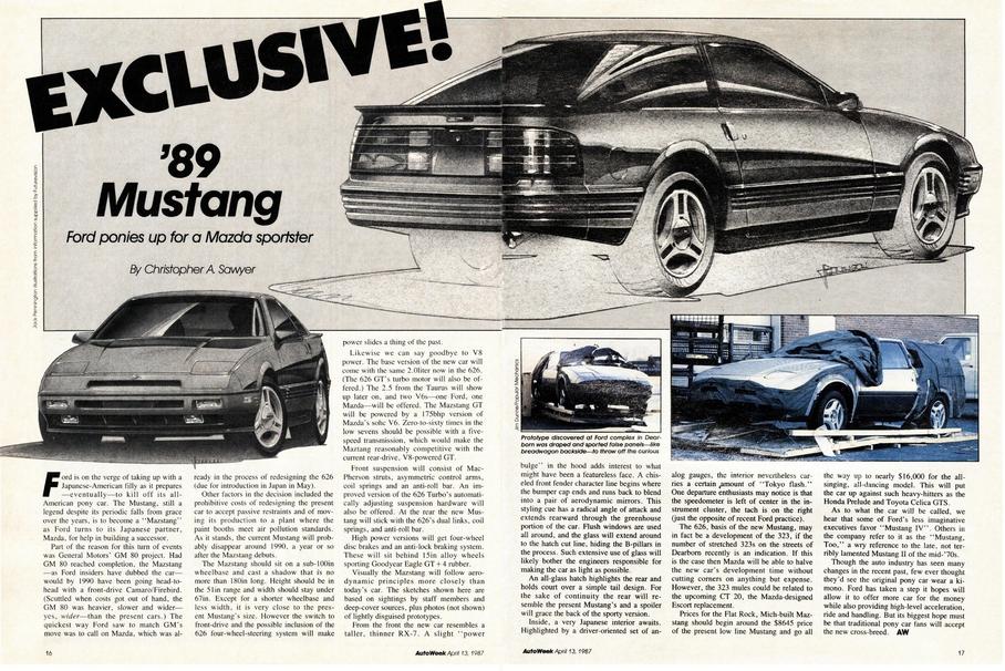 Разворот с подробной статьёй про «Мазстанг» в журнале Autoweek 1987 года