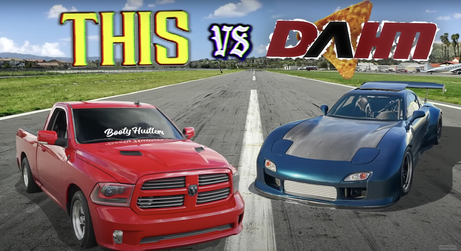 Видео: уникальную Mazda RX-7 свели в гонке с пикапом Dodge Ram на закиси азота